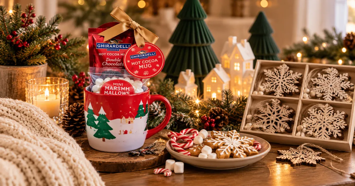 Cozy Christmas decor with a hot cocoa gift mug, wooden snowflake ornaments, velvet Christmas trees, and warm holiday lights.