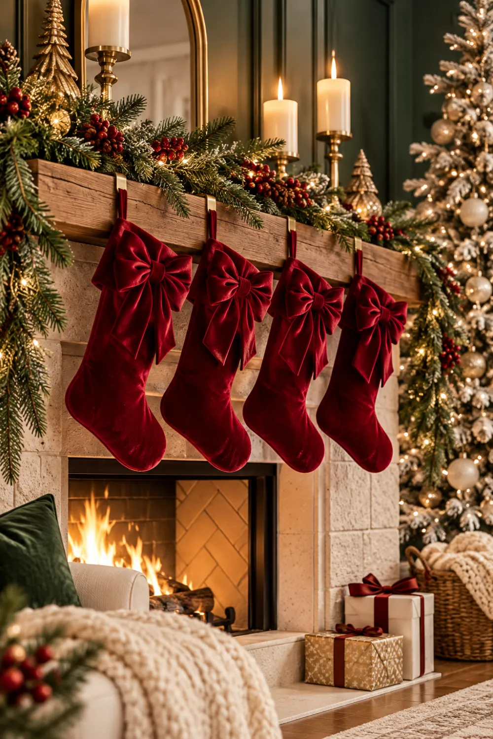four burgundy velvet Christmas stockings with bows hanging from a stone fireplace mantel Shop card: Velvet Christmas Stockings
