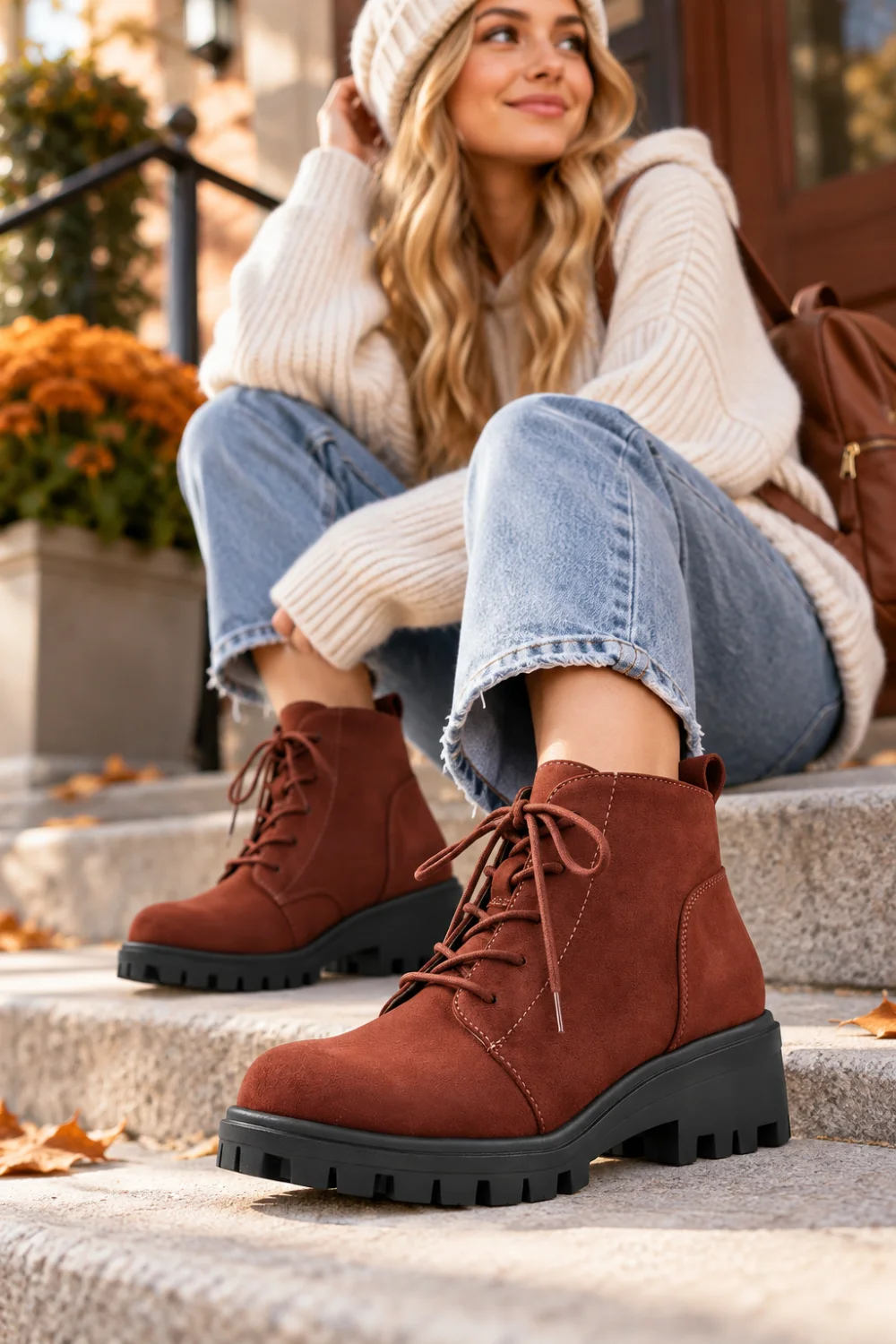 Woman wearing rust brown chunky lug-sole lace-up boots with relaxed jeans and a cream sweater