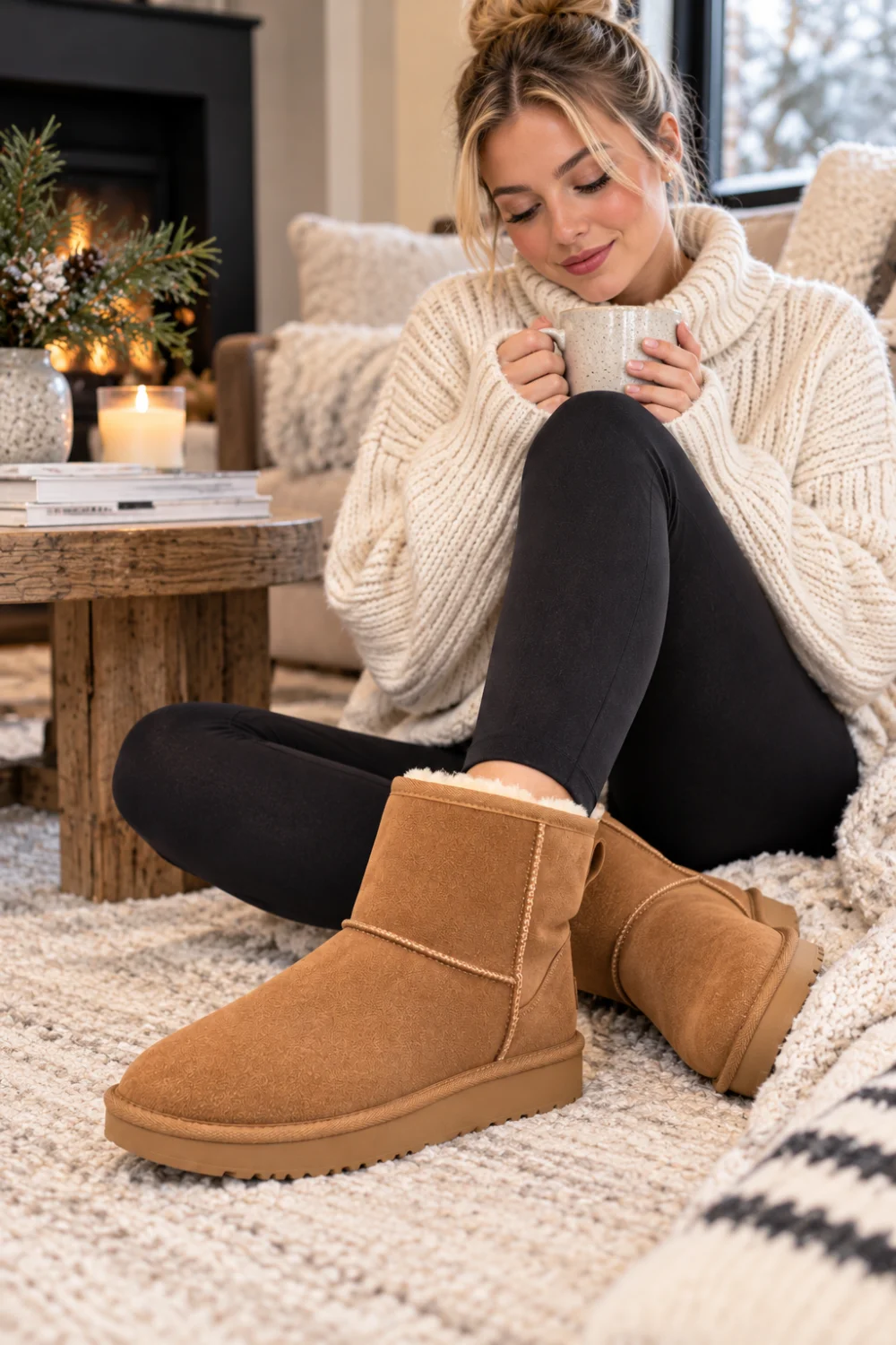 Woman in chestnut shearling-lined mini boots with black leggings and a cozy knit sweater by the fireplace
