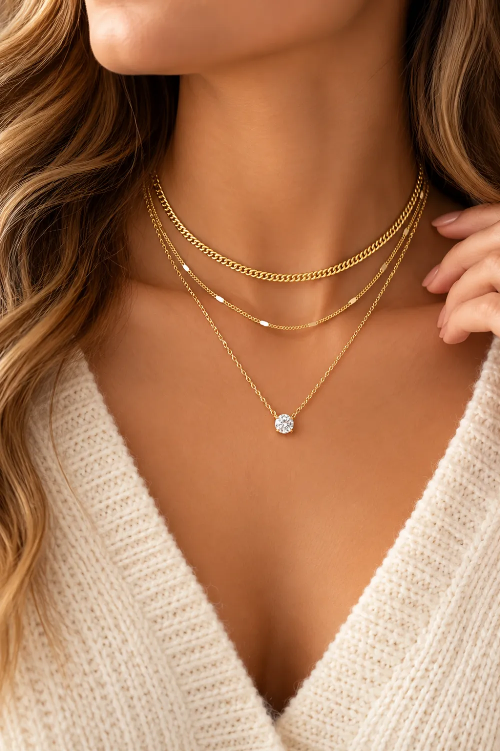 Close-up of delicate layered gold necklaces with a small pendant worn over a cream knit sweater.