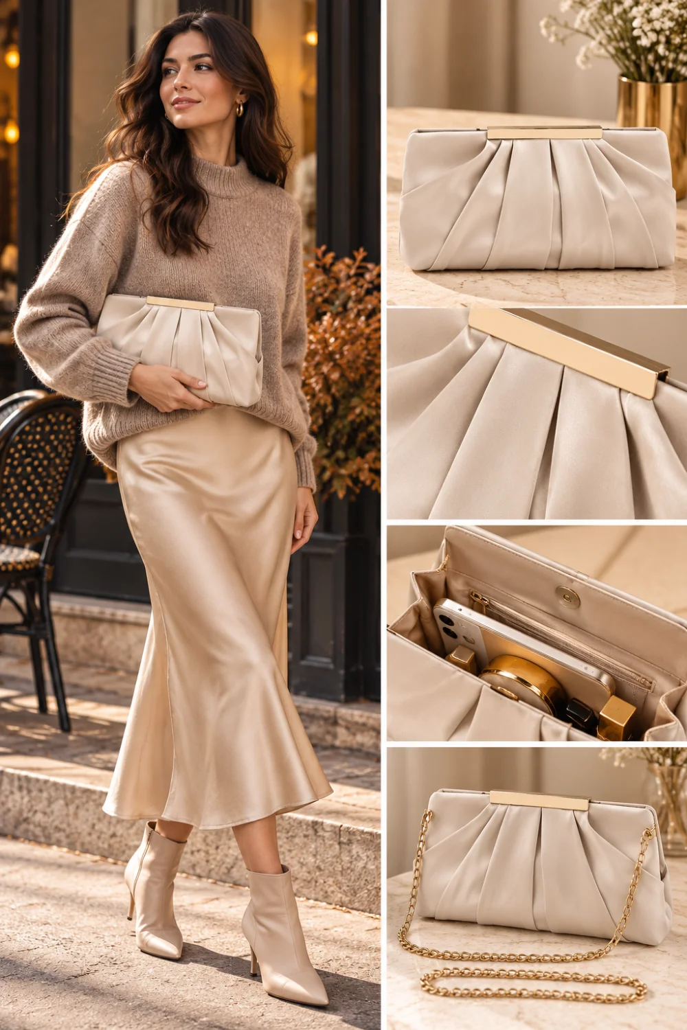 Woman carrying a champagne pleated satin clutch with a satin skirt