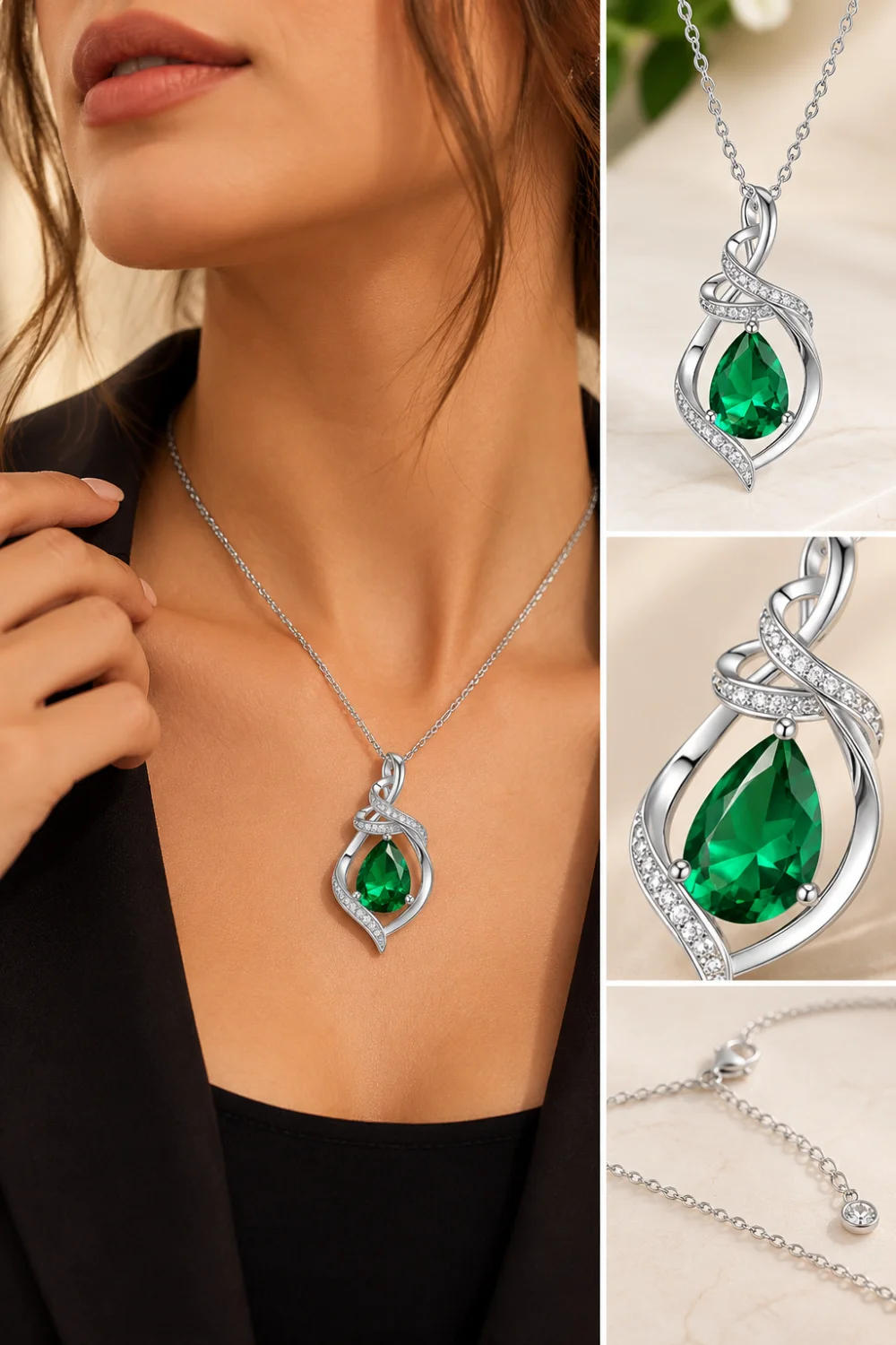 Emerald green gemstone pendant necklace styled with a black outfit