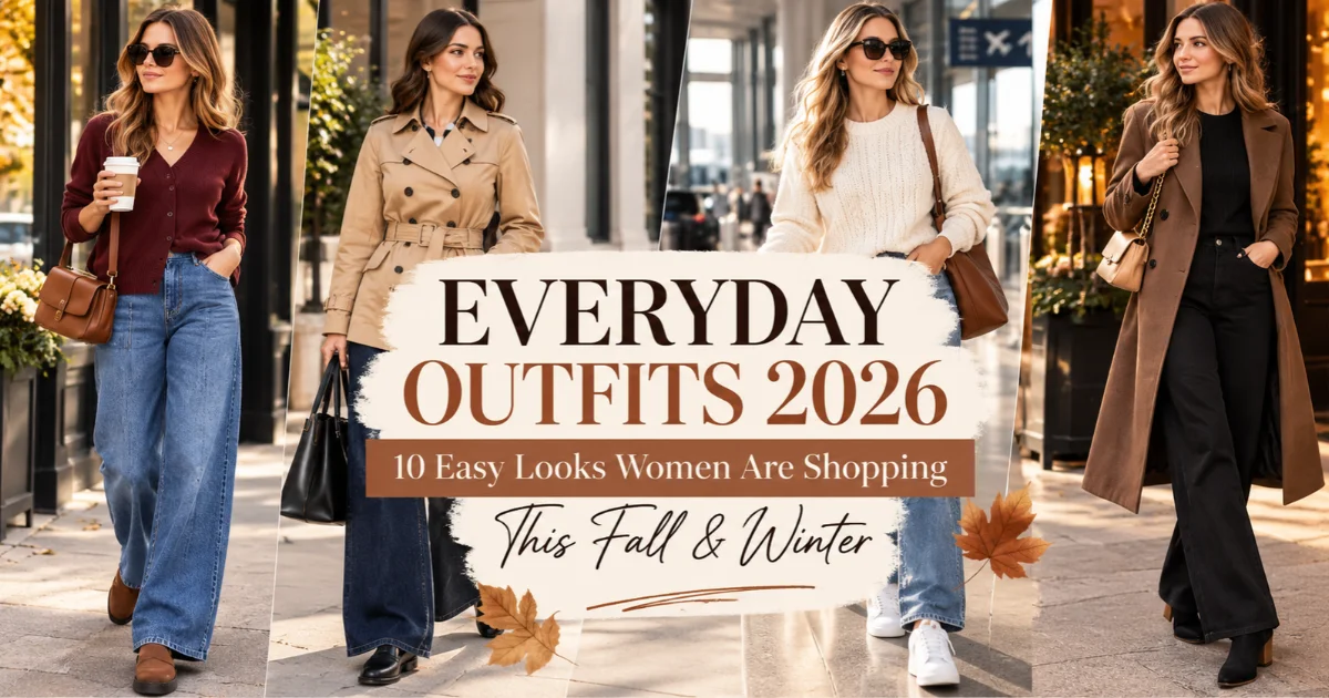 Everyday outfits 2026 featuring chic fall and winter looks with burgundy cardigans, camel coats, cream sweaters, and wide-leg jeans.