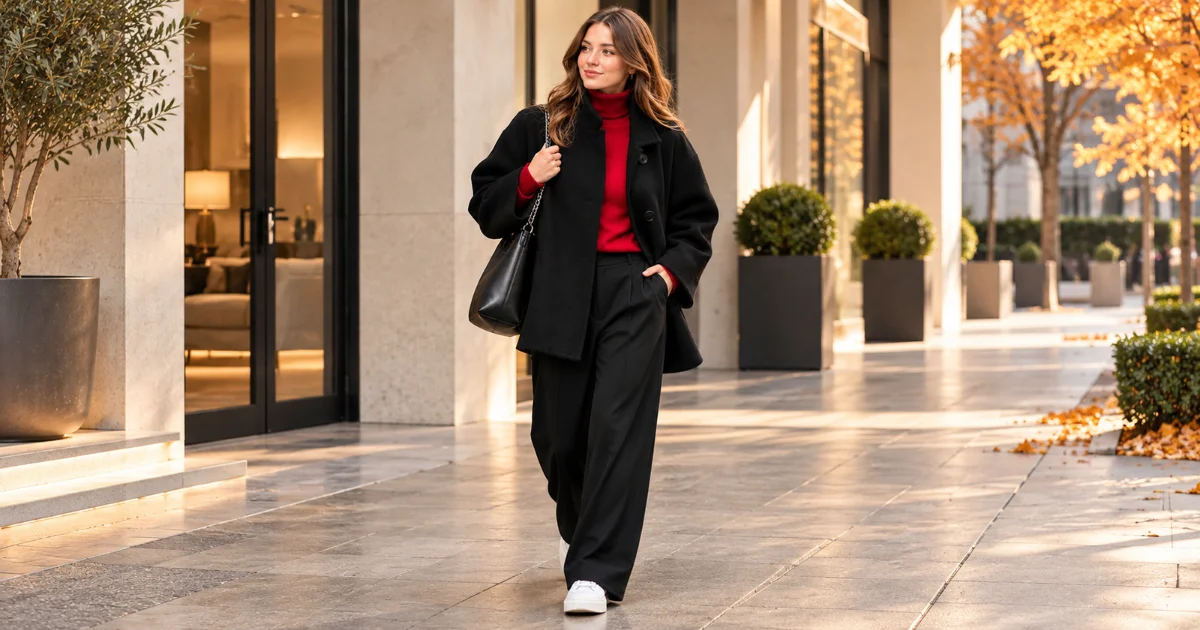 Woman wearing a black pea coat, red turtleneck sweater, wide-leg black trousers, and white sneakers for a chic fall outfit.