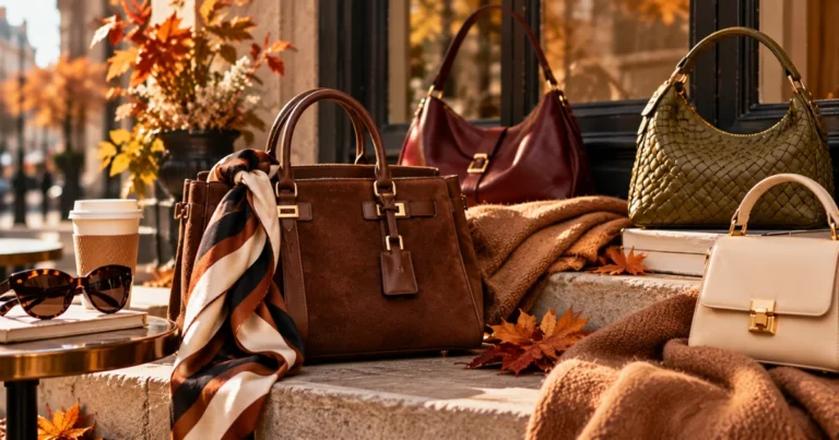 Fall handbags displayed in warm autumn tones with brown leather bags, cozy textures, and seasonal accessories.