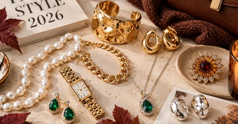 Fall 2026 jewelry trends featuring pearls, gold jewelry, statement pieces, and autumn-inspired styling