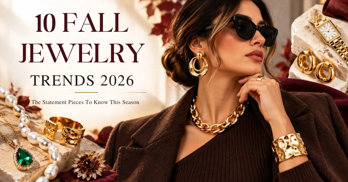 Fall jewelry trends 2026 featuring gold cuffs, chunky chains, pearl necklace, emerald jewelry, statement earrings, brooch, and gold bracelet watch arranged on a neutral autumn-inspired background.