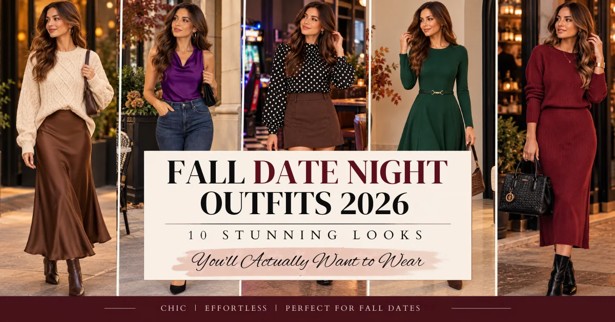 Collage of five women in fall date night outfits for 2026, including a satin skirt with cream knit and a burgundy knit set