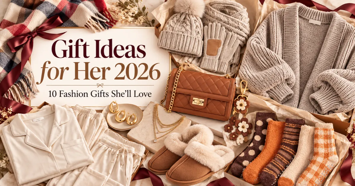 Gift ideas for her 2026 featuring a happy woman unwrapping stylish fashion gifts, including a handbag, cozy cardigan, gold jewelry, slippers, and winter accessories.