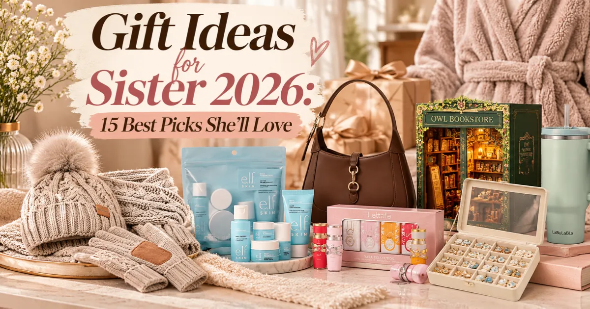 Gift ideas for sister 2026 collage: knit winter set, skincare kit, brown handbag, perfumes, tumbler, and book nook kit