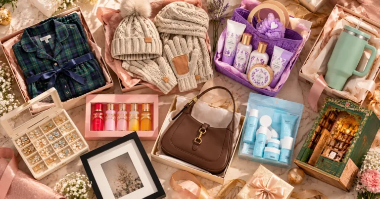 Overhead flat lay of sister gift ideas including a pajama set, knit winter accessories, spa gift basket, perfume set, brown shoulder bag, skincare kit, jewelry organizer, photo frame, and book nook.