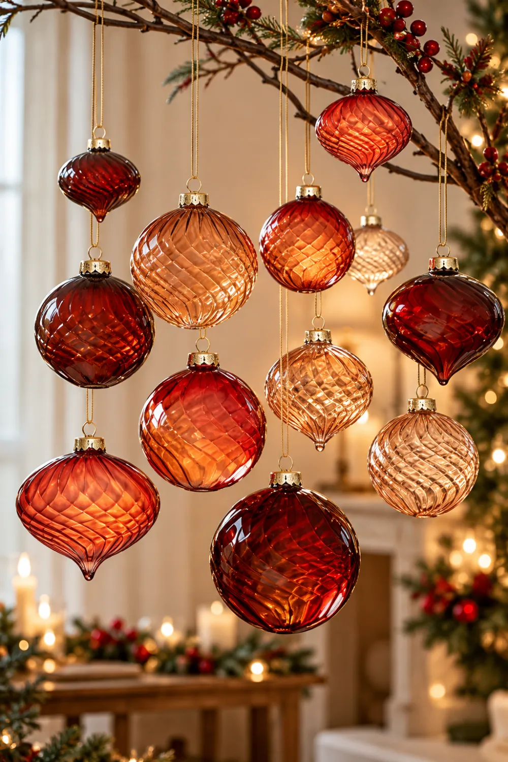 brown and amber swirl glass Christmas ornaments hanging with gold caps in warm light Shop card: Brown Glass Christmas Ornaments