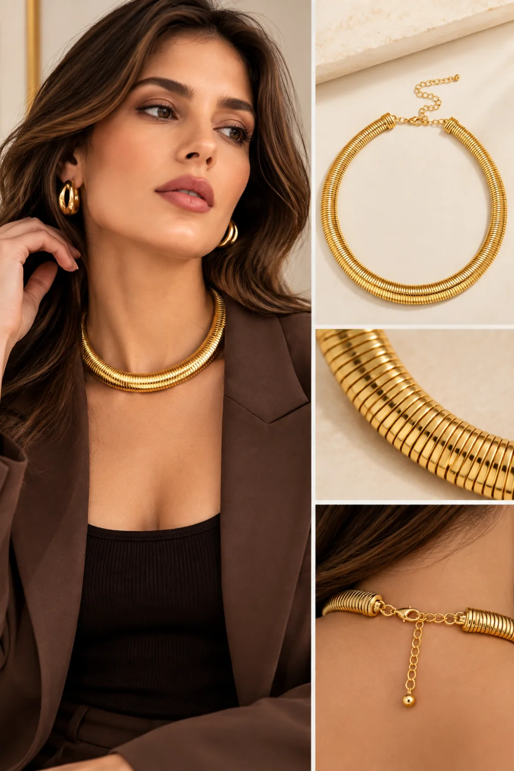 Chunky gold collar necklace styled with a fall outfit