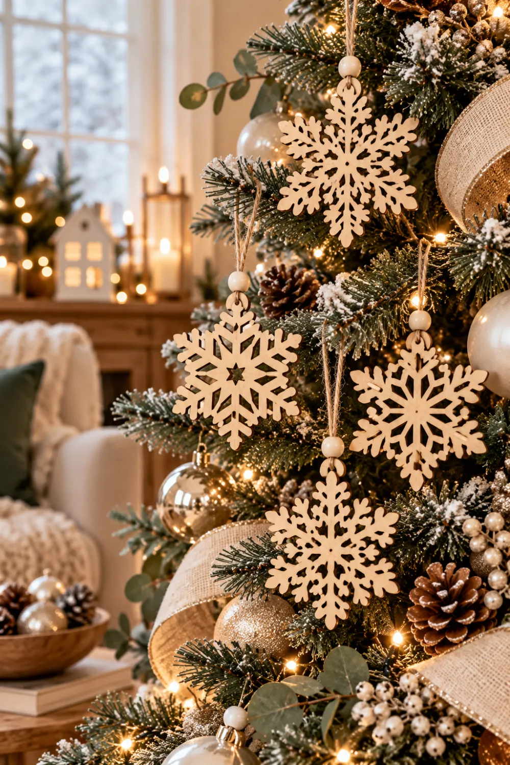 natural wood snowflake ornaments with twine hanging on a Christmas tree with pinecones and burlap ribbon Shop card: Wood Snowflake Ornaments