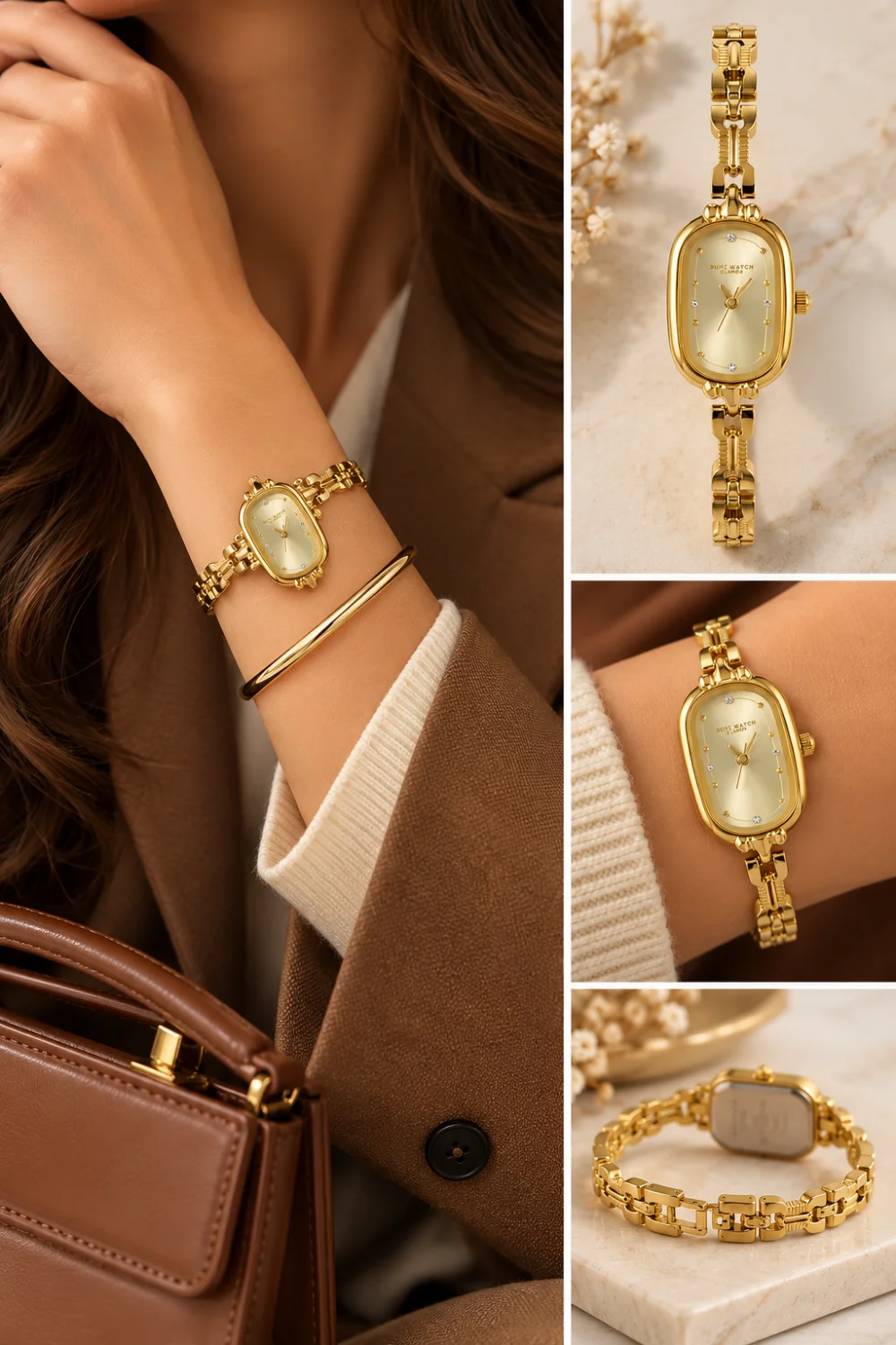 Slim gold bracelet watch styled with a fall outfit