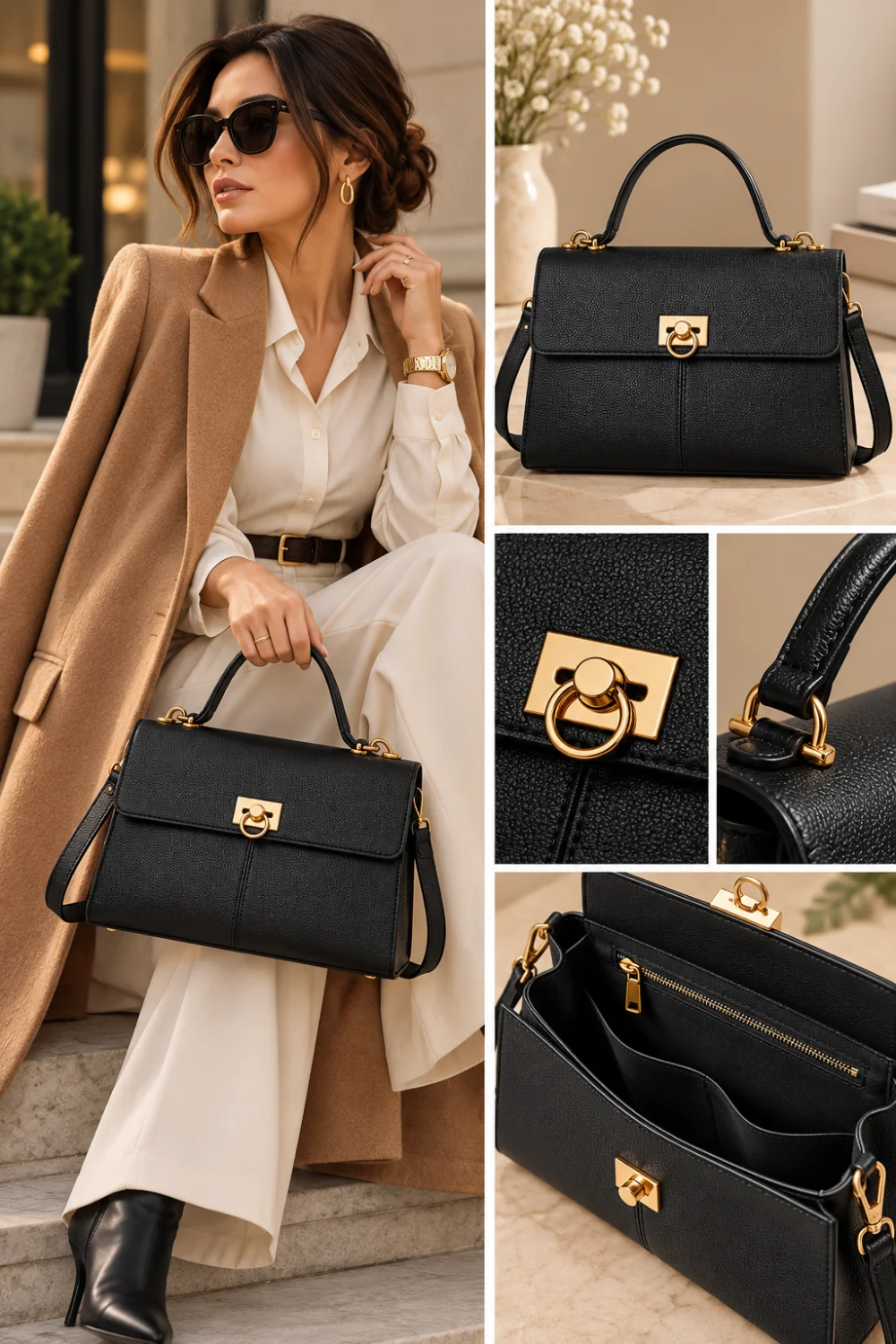 Woman carrying a black structured top-handle bag with a camel blazer