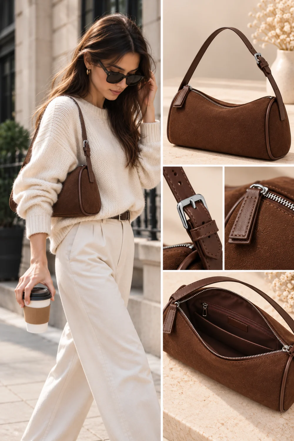Woman wearing a chocolate brown suede shoulder bag with a cream fall outfit
