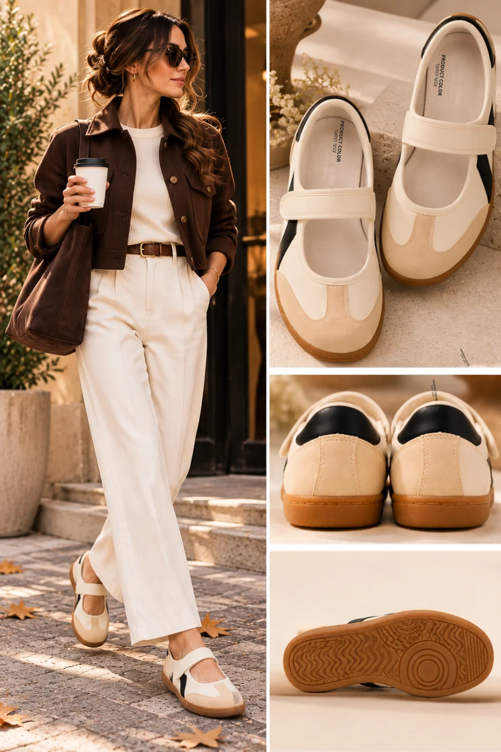 Woman in cream trousers and brown jacket wearing cream and black suede Mary Jane sneakers with gum soles