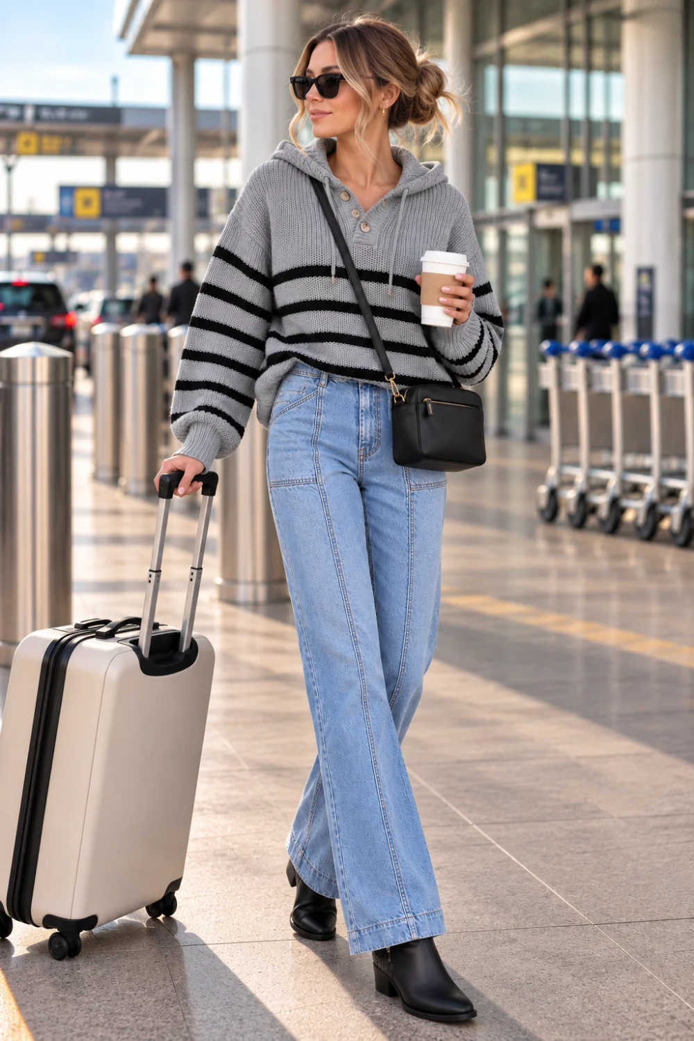 gray and black striped chunky knit sweater travel outfit with light-wash jeans and black ankle boots