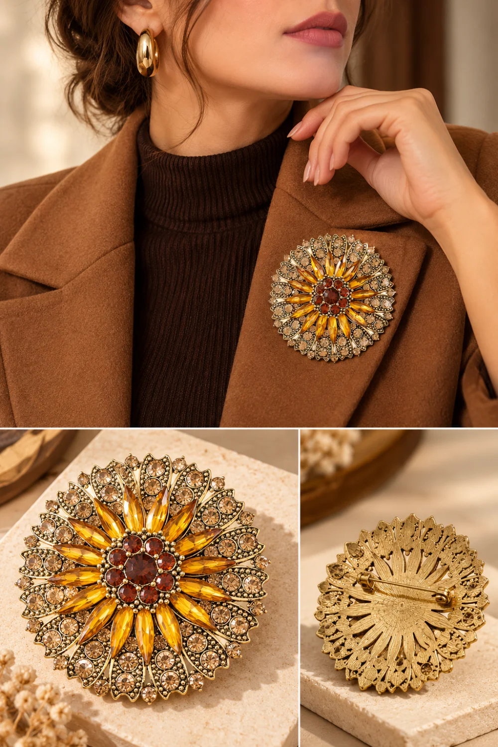 Vintage-inspired rhinestone crystal flower brooch on a brown blazer