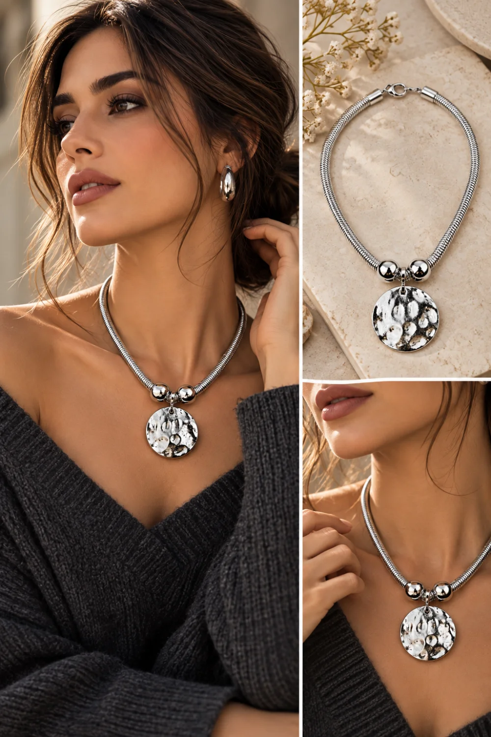 Silver statement necklace styled with a charcoal fall sweater