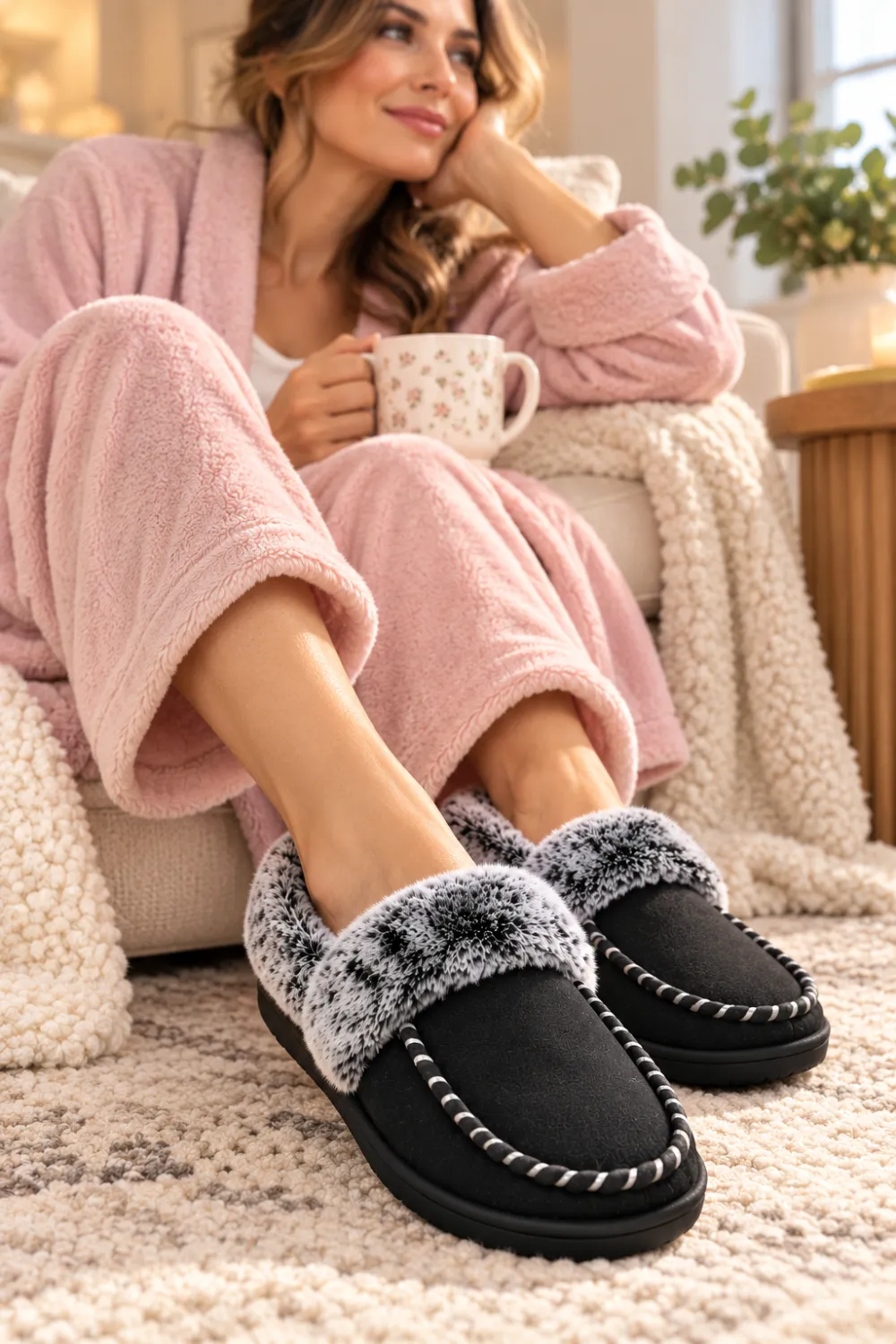 Woman wearing black memory foam slippers with plush gray lining while relaxing at home.