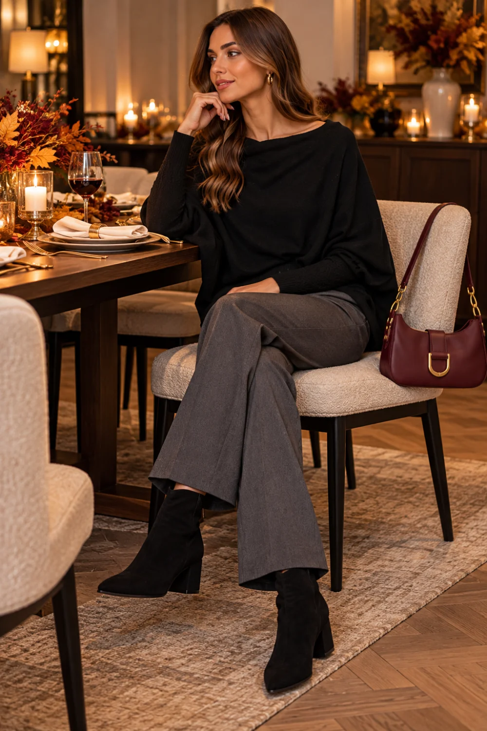 black draped wrap sweater outfit with charcoal trousers, black heeled boots and burgundy shoulder bag