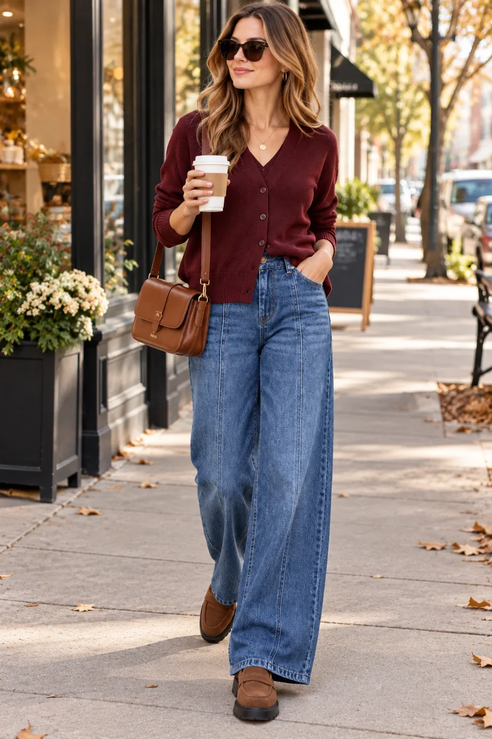 Woman wearing a burgundy knit cardigan with wide-leg jeans and brown suede loafers, carrying a cognac crossbody bag on a city sidewalk