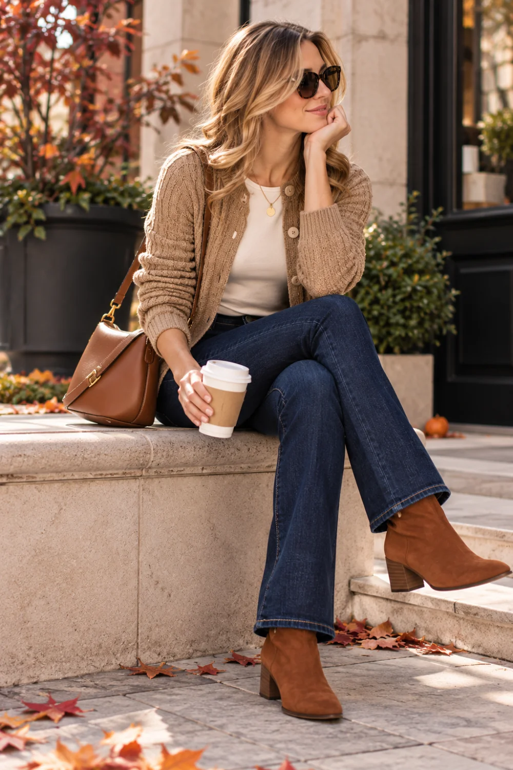 camel button-front cardigan outfit with cream top, bootcut jeans and cognac ankle boots