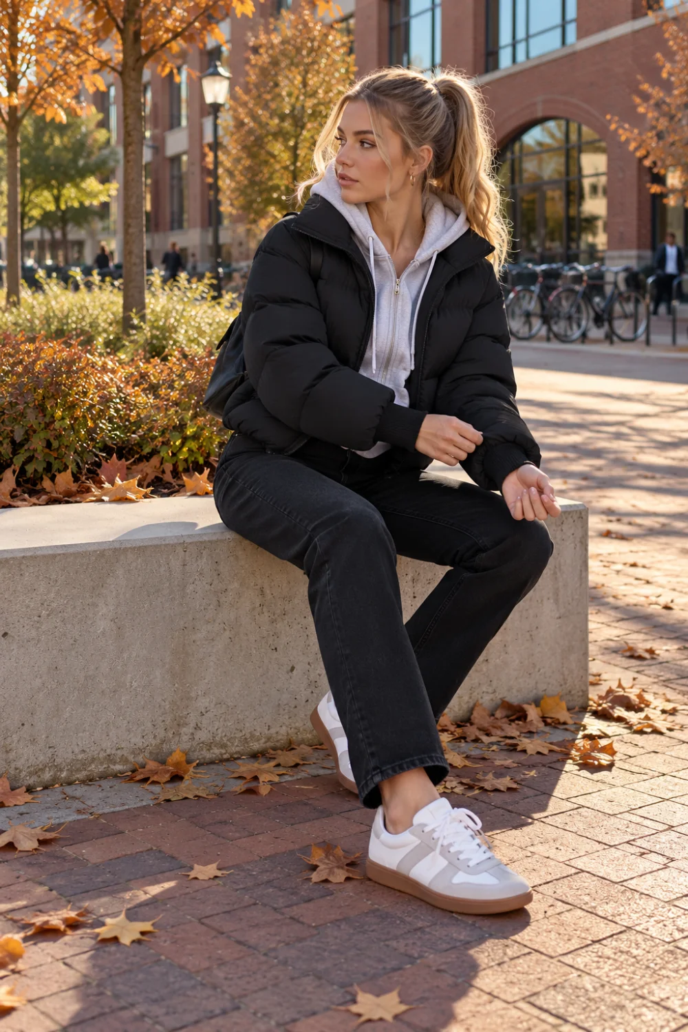 cropped black puffer jacket outfit with hoodie, jeans and sneakers