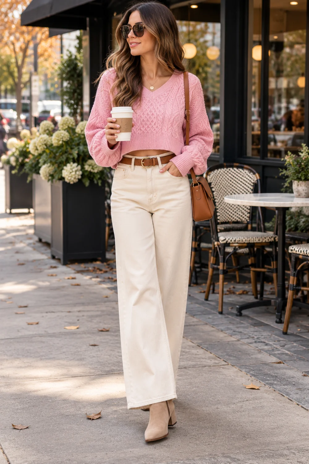 blush pink cropped sweater outfit with cream wide-leg jeans, brown belt and tan ankle boots