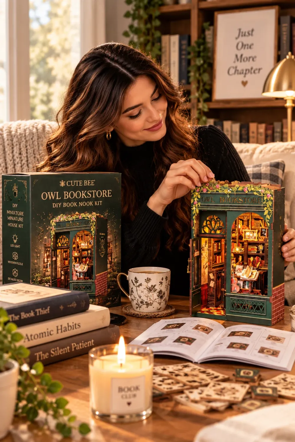 Woman building a DIY Owl Bookstore book nook kit at a table with books and a candle