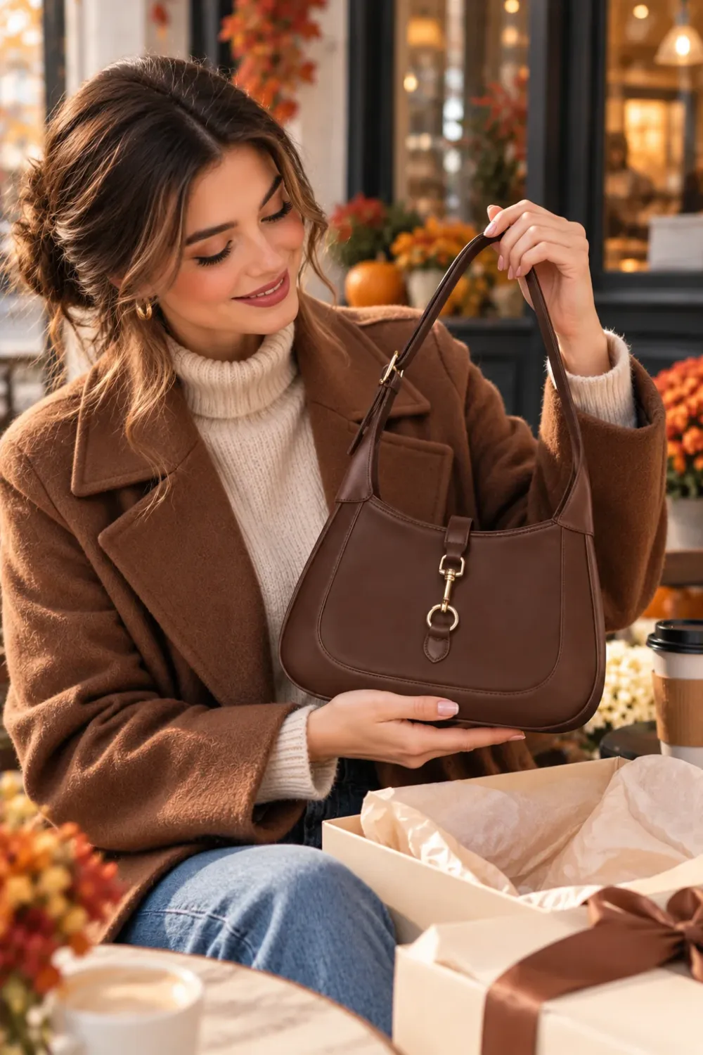 Woman in a camel coat holding a chocolate brown shoulder bag with a gold clasp