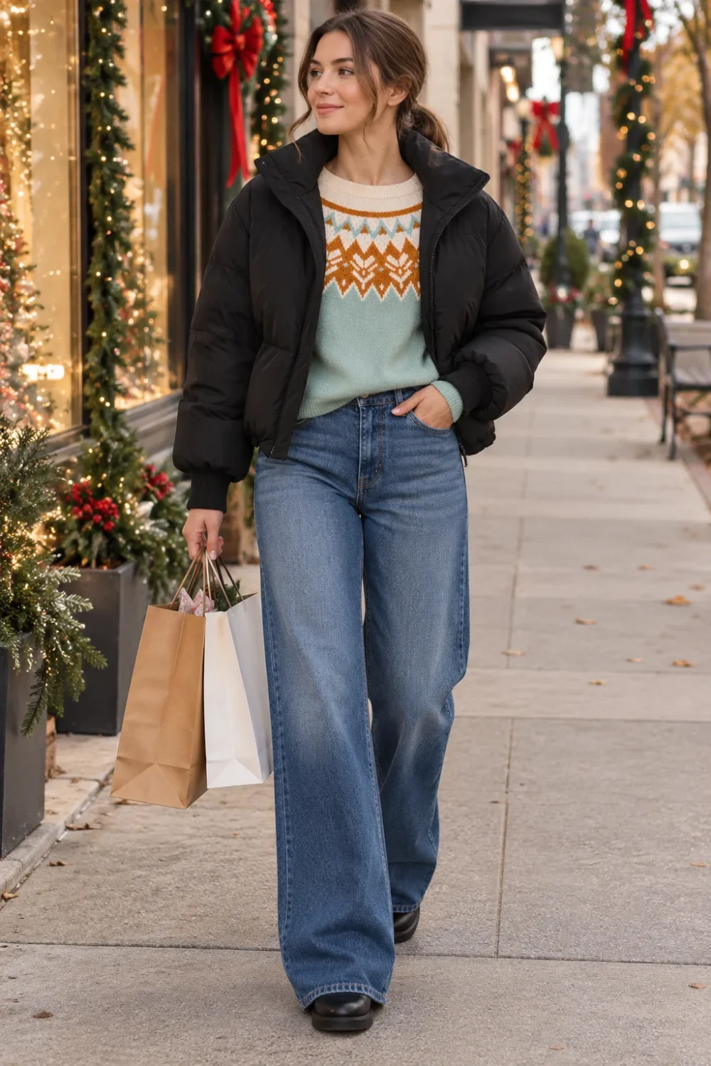 Woman in a sage green fair isle sweater layered under a black cropped puffer jacket, wearing dark wash wide-leg jeans on a holiday street