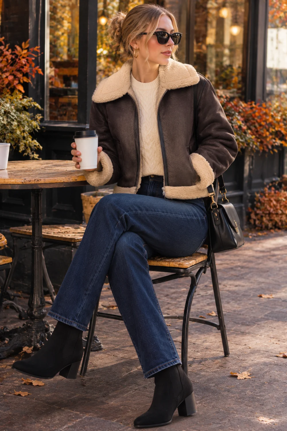 faux shearling aviator jacket outfit with dark jeans and Chelsea boots