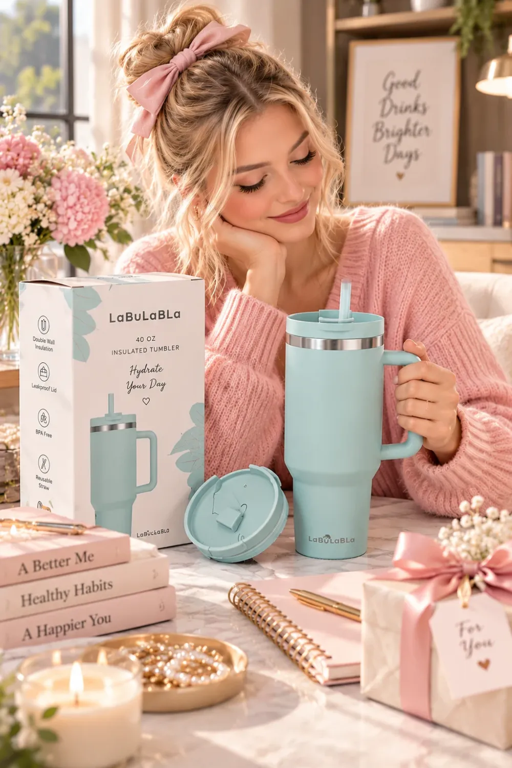 Woman with a sage green insulated tumbler with handle and straw beside a gift box