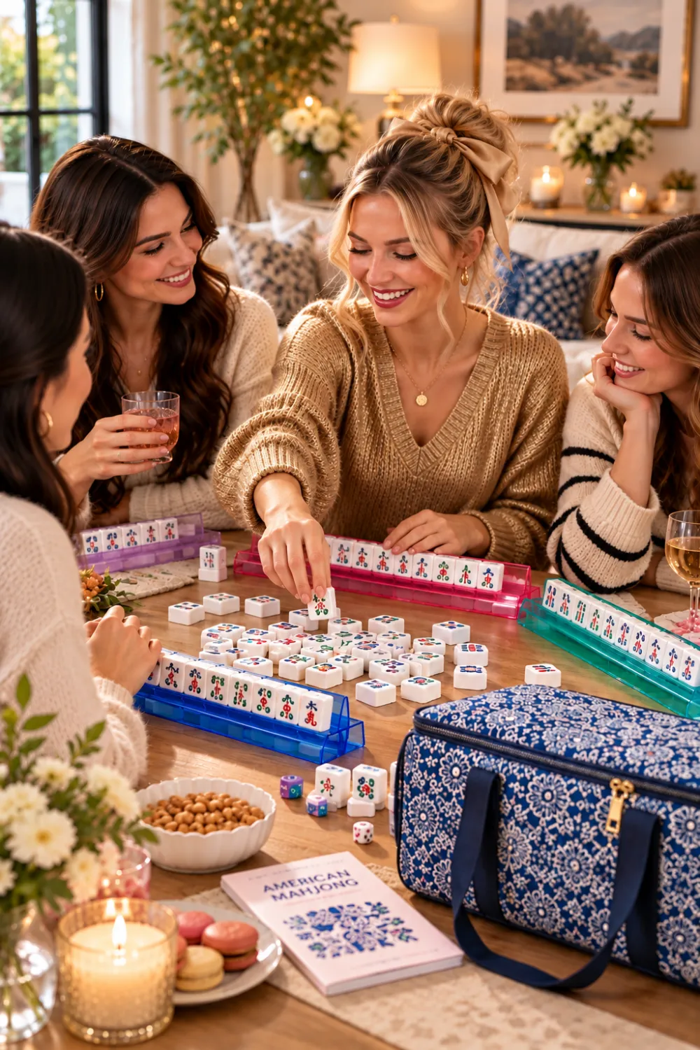 Group of women playing American mahjong with a blue and white floral carrying case