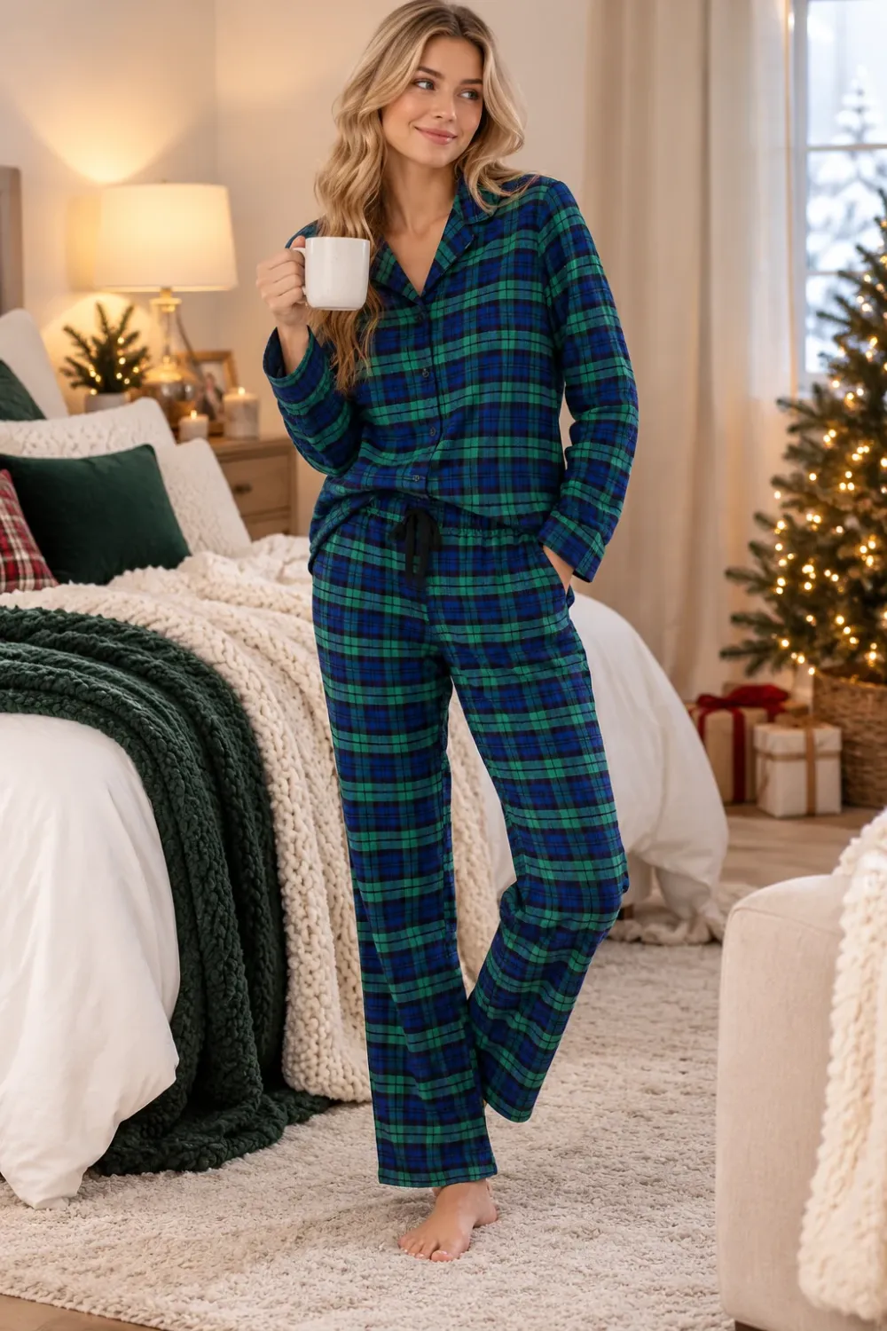 Woman holding a mug in a blue and green plaid flannel pajama set beside a Christmas tree