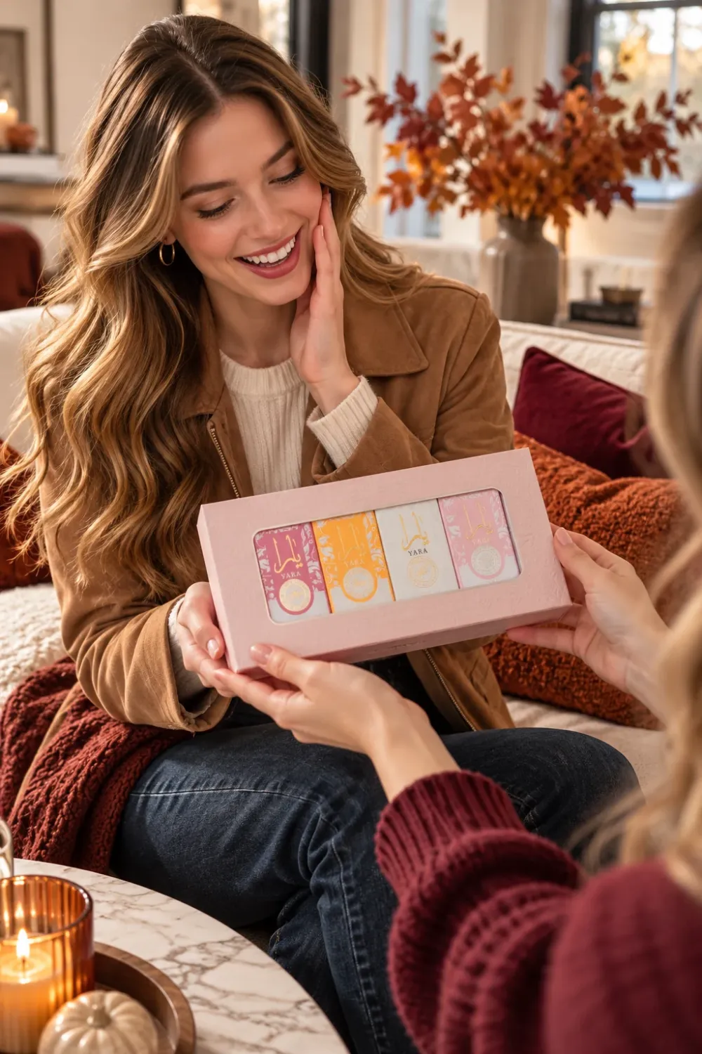 Woman opening a pink gift box with four mini perfume bottles