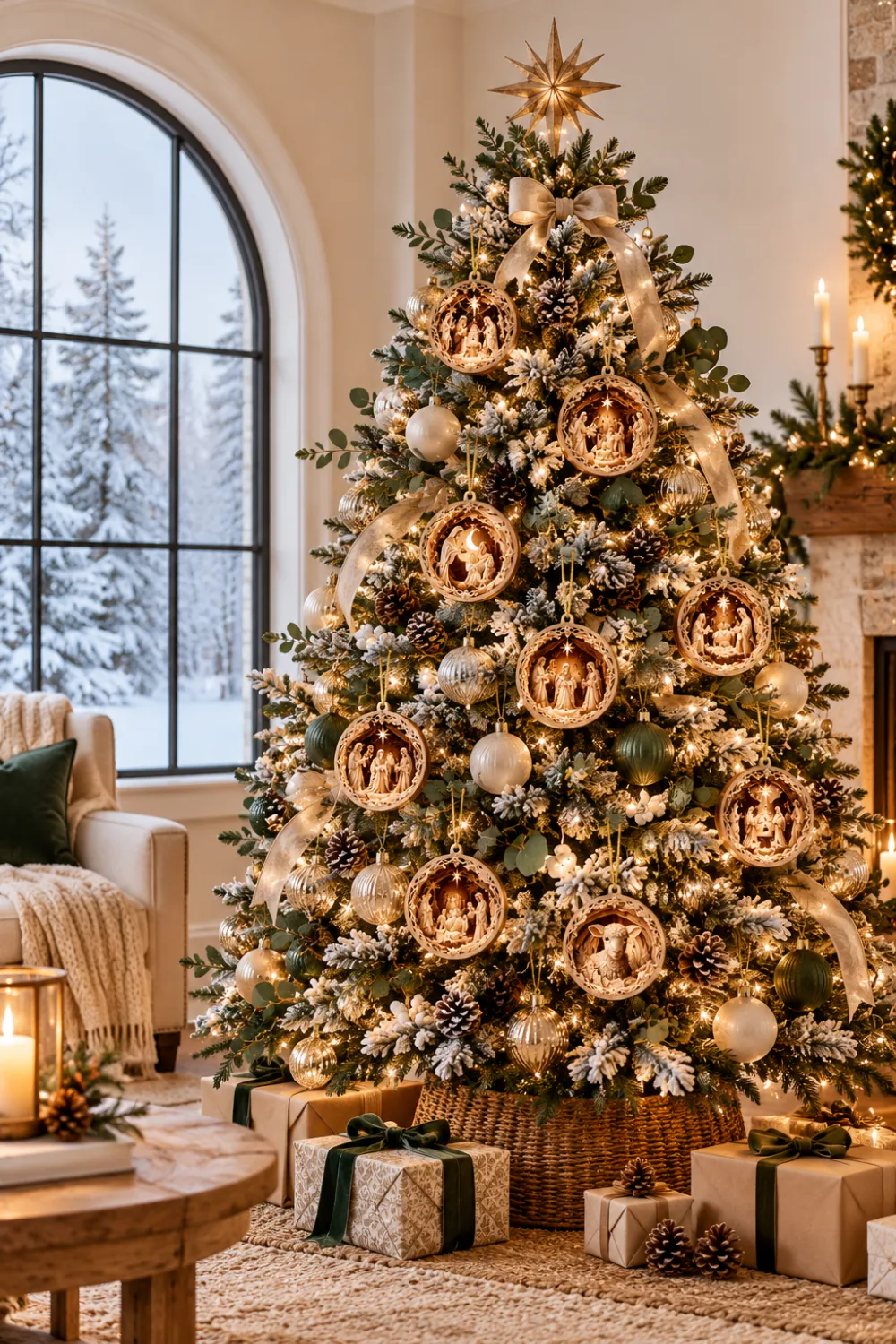 round nativity scene ornaments hanging on a flocked Christmas tree with gold star topper Shop card: Nativity Scene Ornaments