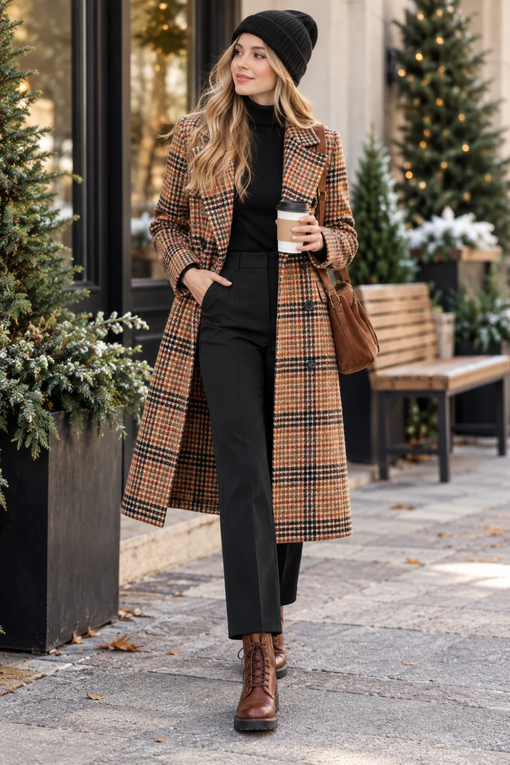 camel plaid coat outfit with black turtleneck, trousers and lace-up boots