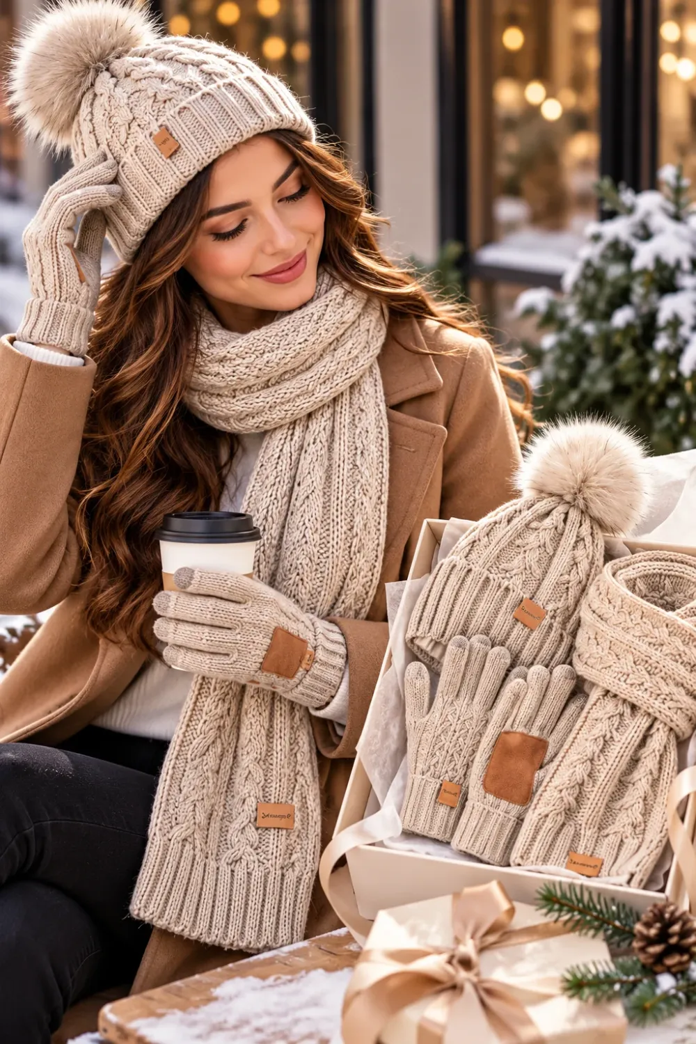 Woman wearing an oatmeal cable-knit beanie, scarf, and gloves set with a camel coat