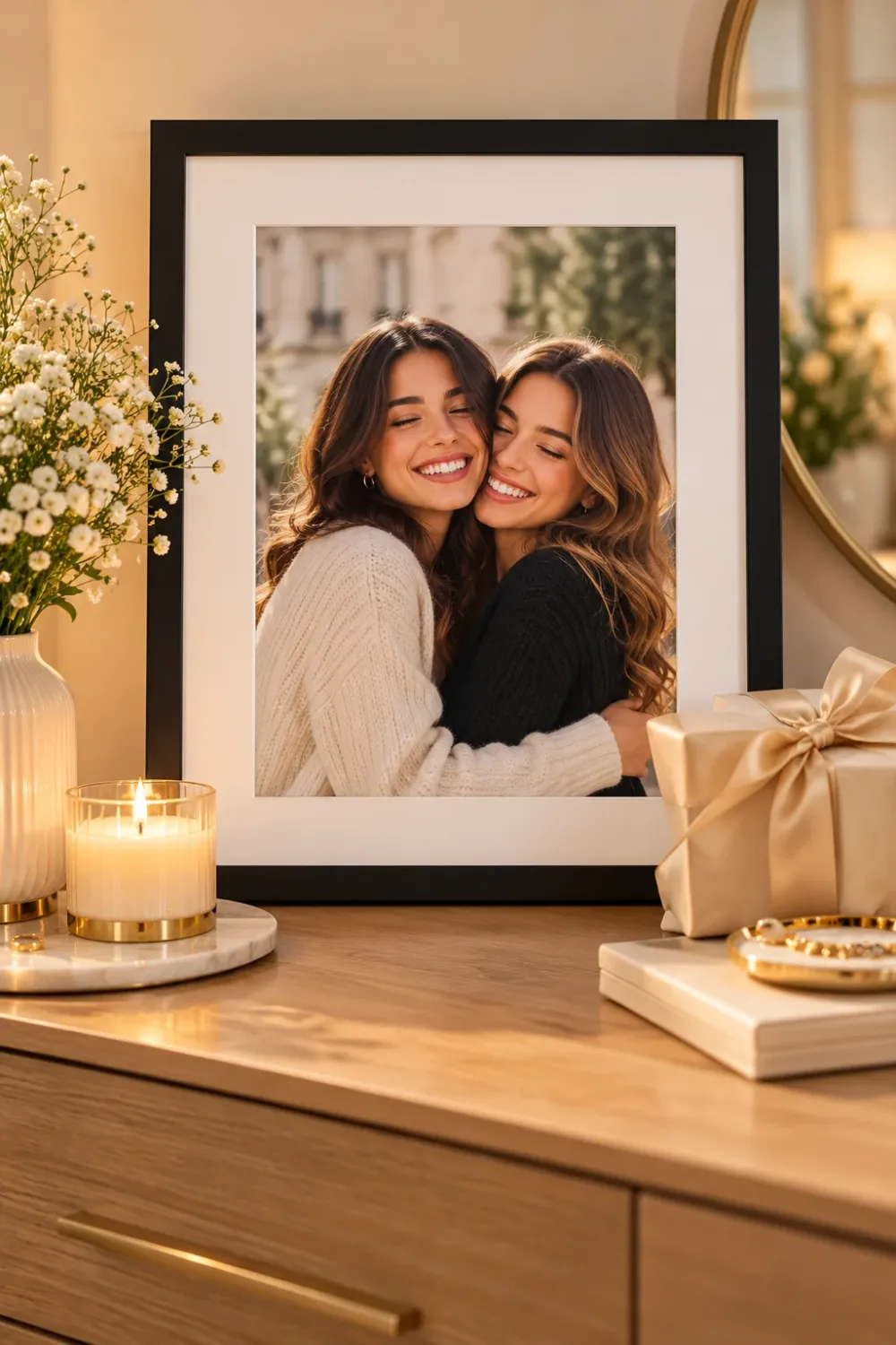 Black framed photo of two sisters hugging with a white mat on a dresser beside a candle