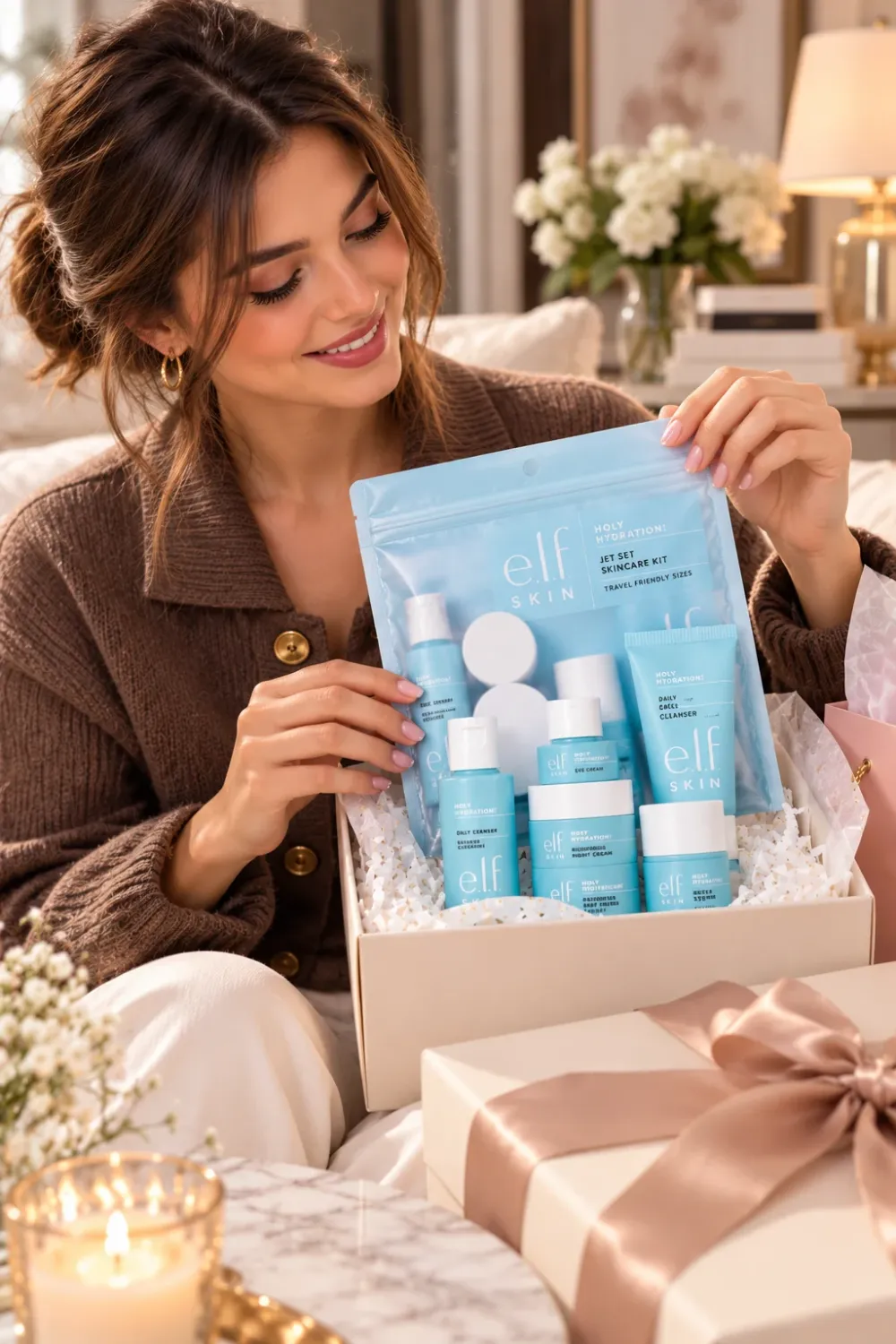 Woman opening a blue e.l.f. skincare gift set with cleanser, moisturizer, and eye cream