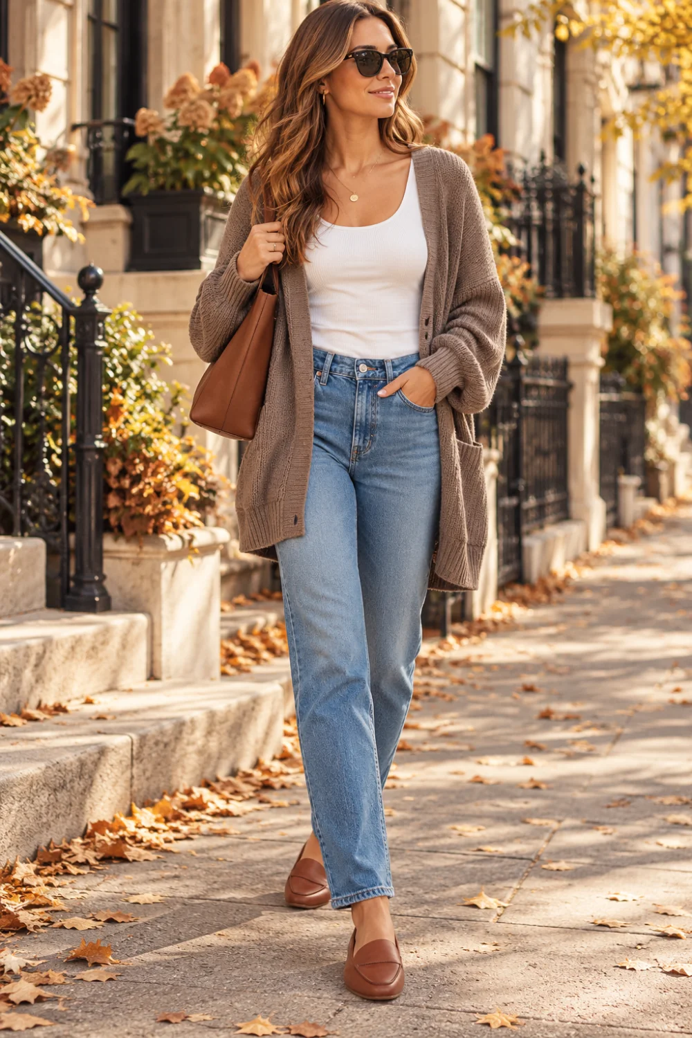 sweater trends 2026 slouchy brown cardigan outfit with white tank, jeans and cognac loafers