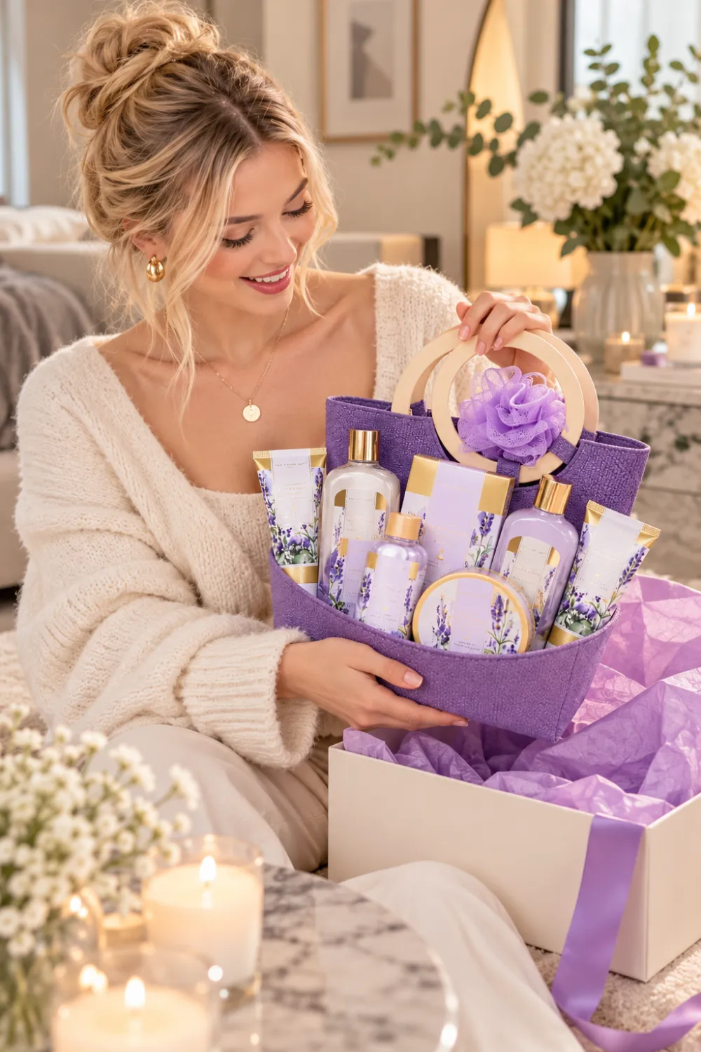Woman holding a purple lavender spa gift basket with lotion, bath salts, and bath bombs