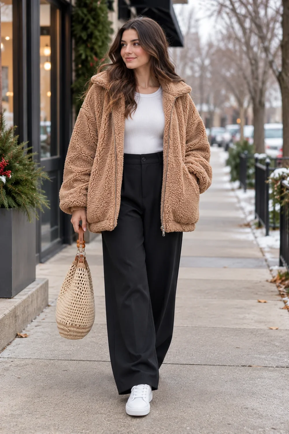Woman wearing a camel oversized fuzzy teddy coat over a white bodysuit and black high-waisted trousers with white sneakers