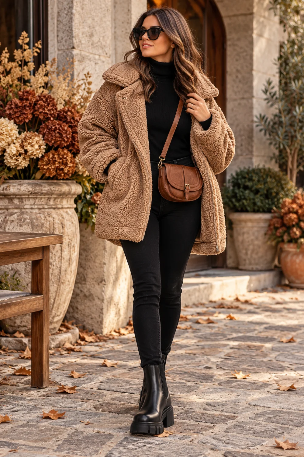 teddy coat outfit with black turtleneck and platform boots