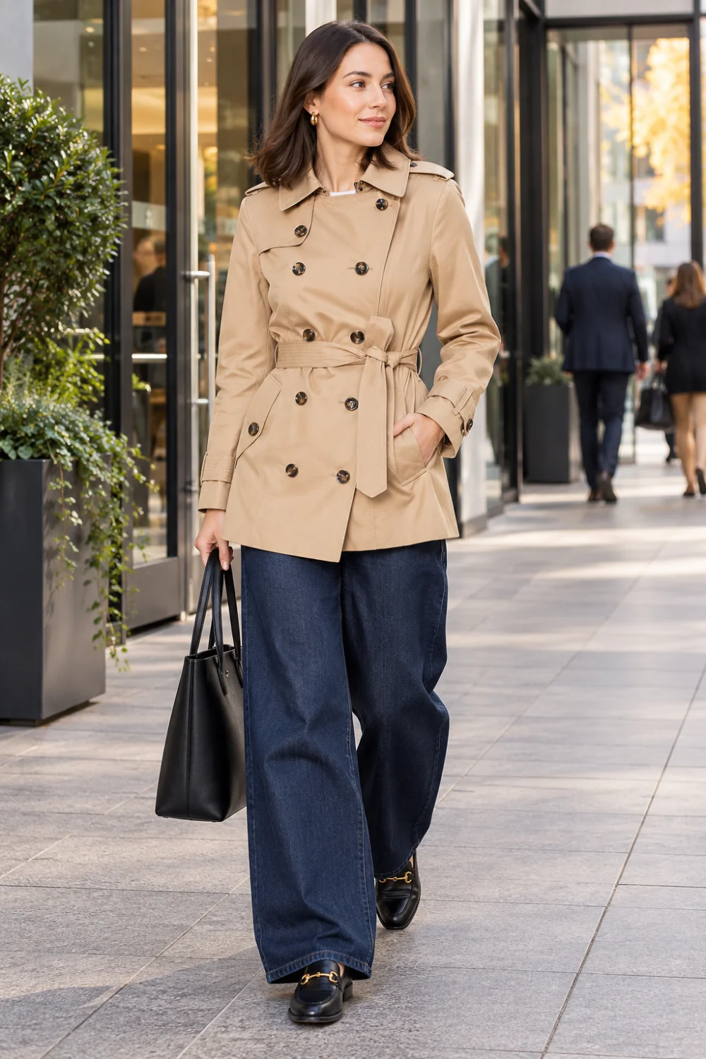 Woman in a camel belted trench coat with baggy jeans and black leather loafers, carrying a black handbag on a city street